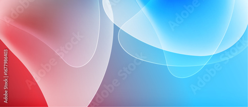 Abstract fluid shapes blend, creating vibrant color gradients. Red transitions to blue via pink, gray tones. Smooth curves dominate composition.