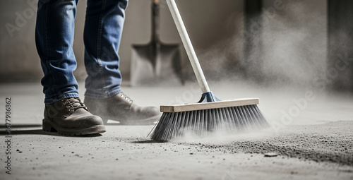 Person sweeping dusty floor indoors using a broom with work boots on.