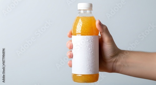 Minimalist mockup of a hand holding a plastic orange juice bottle with white cap on pastel background.