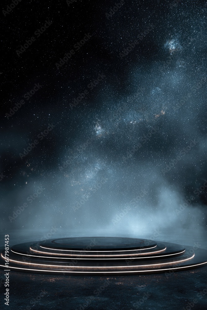 Fototapeta premium Dark, circular platform with glowing lines against a starry night sky