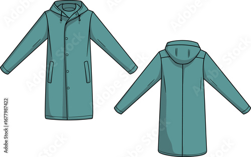Teal hooded long coat flat sketch, women’s winter outerwear, stylish hooded raincoat design, waterproof long jacket, casual cold weather coat, fashion illustration, front and back views