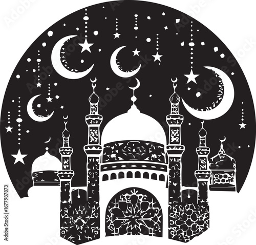 Night Mosque Silhouette: A captivating silhouette of a mosque stands majestically under a starlit sky, with crescent moons and stars elegantly adorning the scene. A symbol of peace and faith.