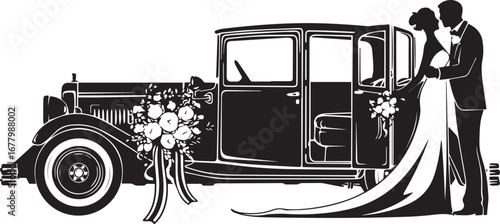 Classic Car Wedding: Elegant silhouette of a newly wed couple alongside a vintage car, adorned with floral arrangements, set against a plain canvas, illustrating the romance of a timeless celebration.