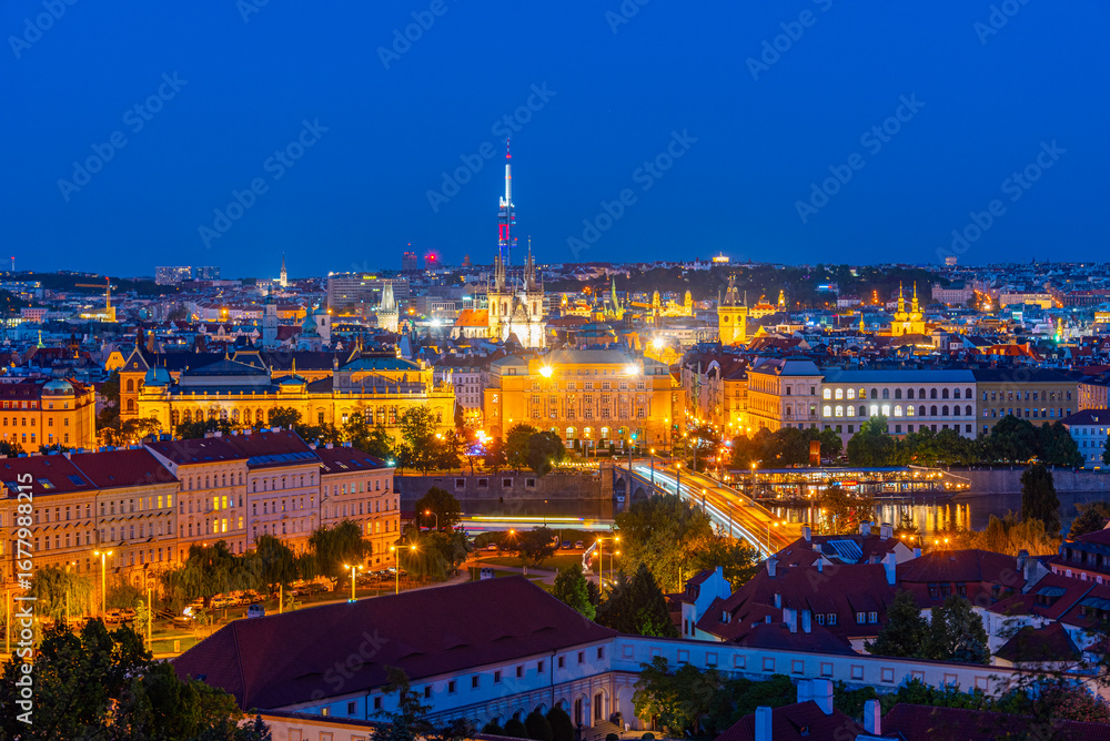 Naklejka premium Night view of Prague from Opysi viewpoint, Czech republic