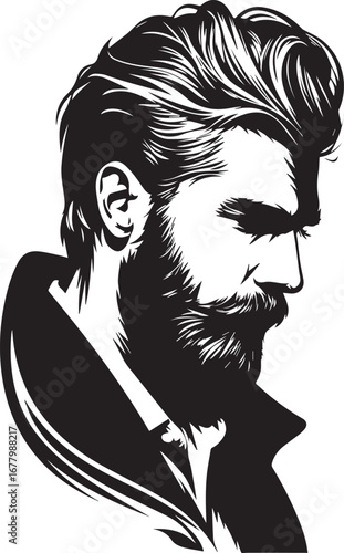 Bearded Man's Portrait: A stylized grayscale illustration of a handsome, bearded man's portrait. The artwork showcases a strong profile, accentuated by the interplay of light and shadow.