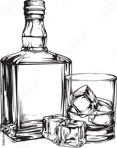 Whiskey Delight: An artful illustration shows a vintage whiskey bottle and a tumbler of icy, perfect for evoking the spirit of sophisticated taste. 