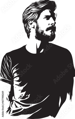 Stylish Profile: A black and white portrait of a man with stylish haircut and full beard, his gaze is cast away with thoughtful composure.