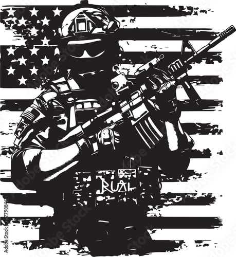Patriotic Warrior: A valiant figure, embodying strength and resolve, stands against the backdrop of the American flag, a symbol of honor, courage and service, conveying a sense of national pride.
