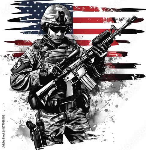American Soldier's Resolve: A determined soldier stands ready, rifle at the ready, against a backdrop of the American flag, embodying strength and patriotism.