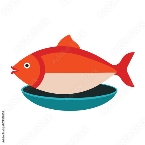 Stylized Flat Design of a Cooked Red Fish on a Blue Serving Dish vector illustration