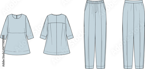 Women’s blouse and pants design, technical flat sketch, fashion illustration, casual outfit, three-quarter sleeves blouse, elastic waist pants, clothing template, apparel concept