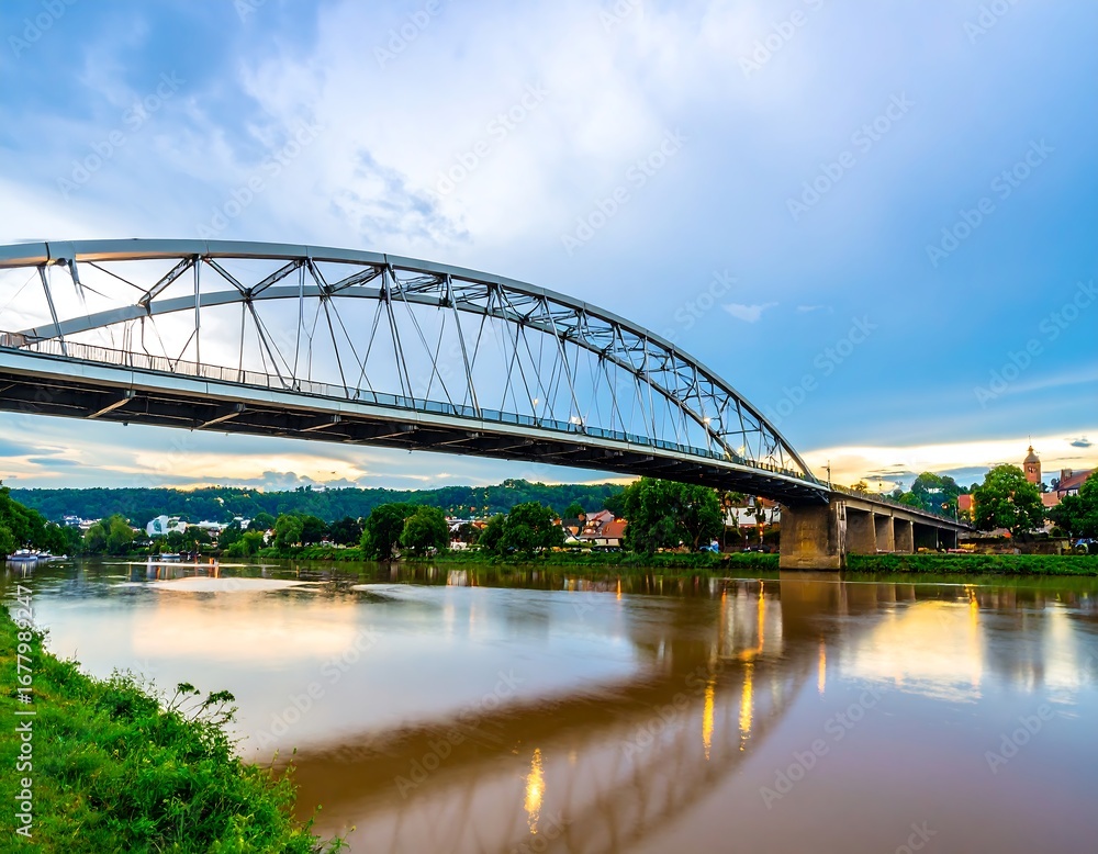 Naklejka premium Bridge over a river at sunset