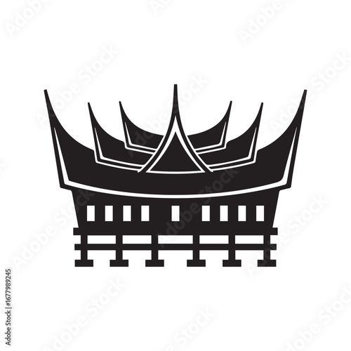 Rumah Gadang silhouette vector icon. Traditional Minangkabau house from West Sumatra, Indonesia. Indonesian cultural landmark and architecture symbol.
