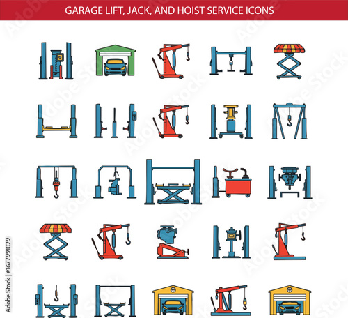 Garage Lift, Jack, and Hoist Service Icon Set