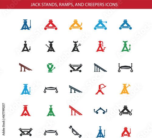 Car Jack Stand, Ramp, and Creepers Icon Set