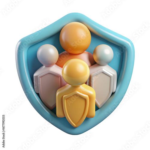 Stylized 3d illustration of a family or group protected within a blue shield isolated on transparent background
