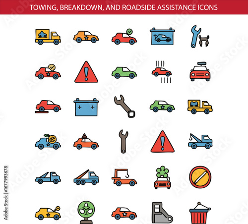 Car Towing and Roadside Assistance Icon Set