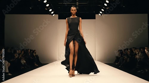 4k video of a model in a black gown walking a runway, high fashion photoshoot with dramatic lighting, elegant and sophisticated mood, against a white backdrop, full
