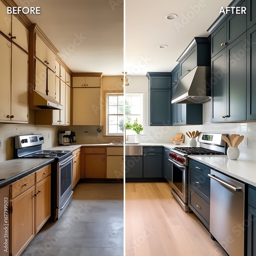 Kitchen Renovation Before and After A Stunning Transformation with Deep Blue Cabinets and Modern Finishes