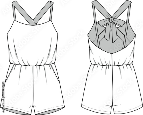 Stylish women’s sleeveless romper with cross back straps and bow tie detail, flat fashion cad drawing vector illustration