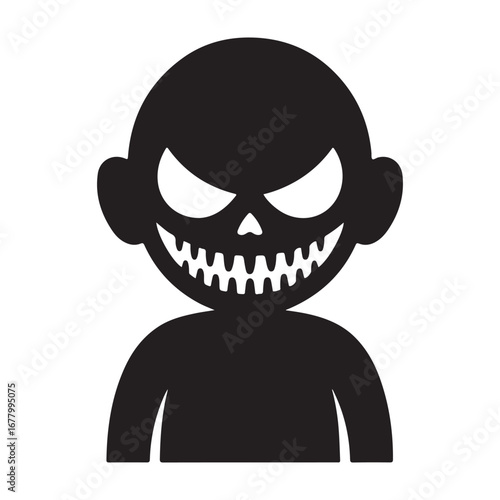 Menacing cartoon character with glowing eyes and sharp teeth in a black silhouette