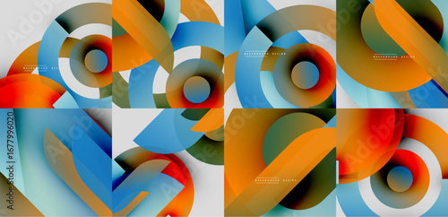 Abstract colorful designs feature overlapping circles, creating dynamic visual patterns. Smooth gradients enhance modern aesthetic.