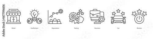 WebReputation Score banner web icon set vector illustration concept with icon of retail, usefulness, reputation, rating, business, car, review