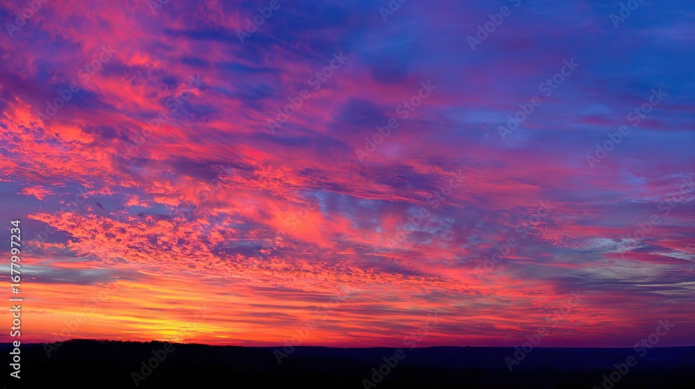 Fototapeta premium Breathtaking sunset sky with vibrant hues of pink, orange, and purple, painting clouds in an ethereal display that highlights nature's beauty and captures the serene magic of dusk.