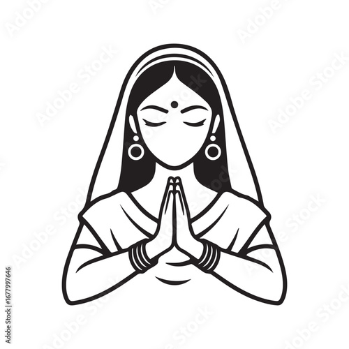 Stylized Indian Woman with Namaste Prayer Hands. Traditional Hindu Greeting Symbol Line Art Icon.
