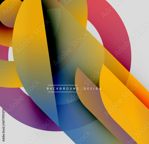 Abstract colorful overlapping circles create dynamic visual composition. Gradient shades blend smoothly, offering modern aesthetic.