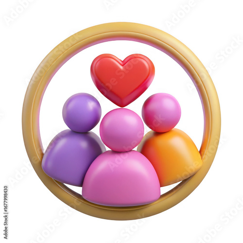 Three colorful figures representing family and love inside a golden circle isolated on transparent background