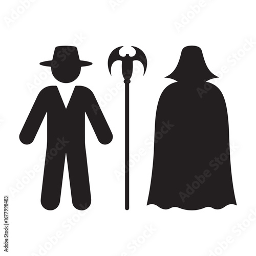 Three distinct black silhouettes of a man in a hat a staff and a cloaked figure silhouette