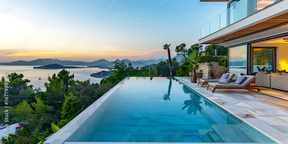 Fototapeta premium Luxurious infinity pool overlooking a serene ocean bay at sunset, with a modern villa and lush greenery.