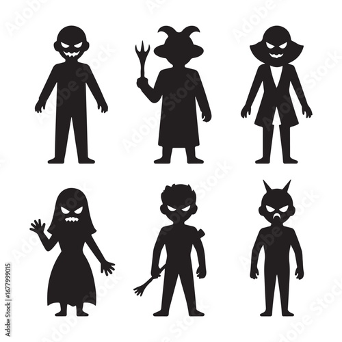 Collection of six spooky halloween character silhouettes with glowing eyes and menacing expressions silhouette