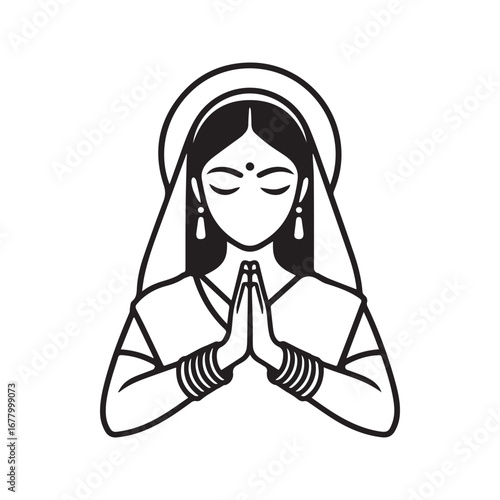 Stylized Indian Woman with Namaste Prayer Hands. Traditional Hindu Greeting Symbol Line Art Icon.
