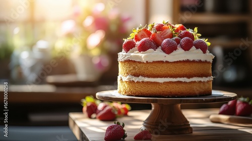 Fresh Strawberry Cake with Cream on Wooden Stand in Bright Kitchen