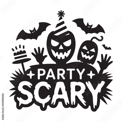 Spooky halloween party scary decoration with jack o lanterns and bats silhouette