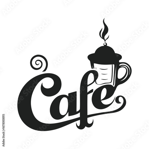 Stylish hand-drawn "cafe" text logo with coffee cup steam and swirl accents