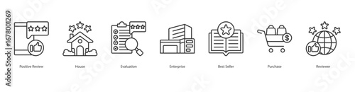 Trusted Purchase Review banner web icon set vector illustration concept with icon of positive review, house, evaluation, enterprise, best seller, purchase, reviewer