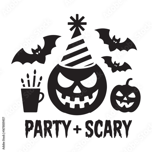 Spooky halloween party scene with jack o lantern bats and drink silhouette