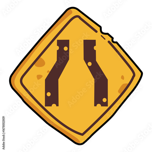 Road narrows ahead warning sign triangular yellow safety symbol