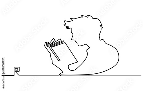 A minimalist line drawing depicts a child comfortably seated, deeply engrossed in reading a book. The singleline art style emphasizes the peaceful moment of quiet reading and absorption in literature.