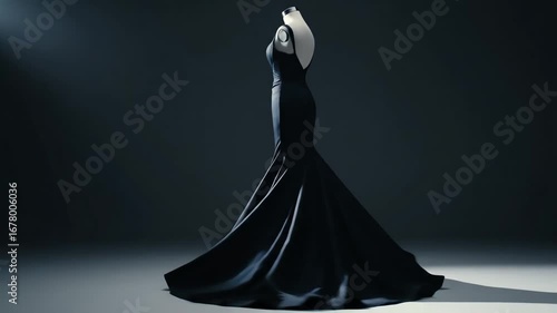 Elegant black mermaid gown displayed on a mannequin, 4k video footage, showcasing a side profile view against a dark studio background; luxurious, dramatic lighting