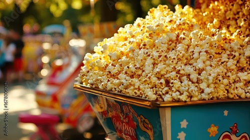 Freshly Popped Popcorn in Colorful Cart at Outdoor Fair