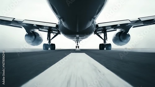 Low-angle 4k video of a large passenger airplane taxiing on a runway, preparing for takeoff; shot features a dramatic, cool-toned color palette against a bright,