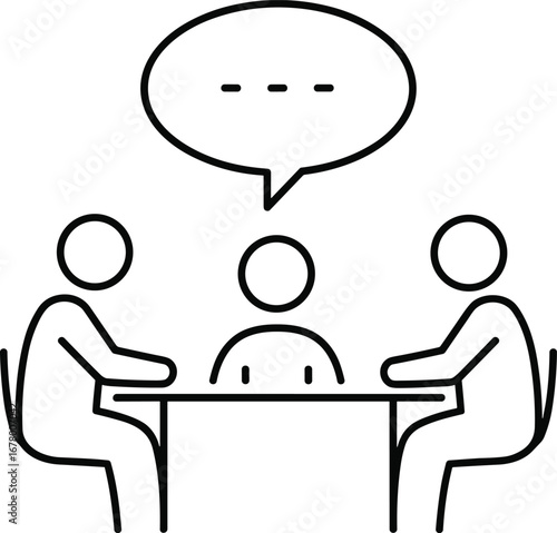 Business meeting discussion icon, three people talking at table, office teamwork collaboration, communication dialogue concept, negotiation symbol, workplace conversation illustration