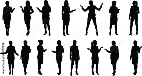 Businesswoman silhouette, corporate women, professional female executive, office attire, confident poses, leadership, teamwork, communication, presentation, success, management, career growth