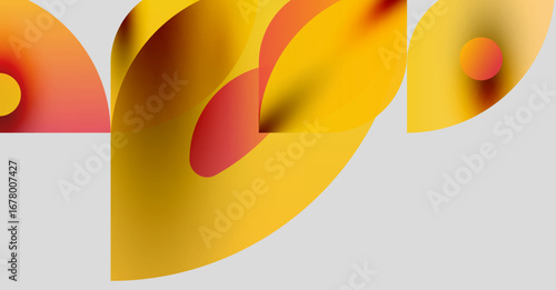 Abstract shapes overlap, creating warm color gradients. Yellows, oranges, reds blend softly against gray background. Modern design.
