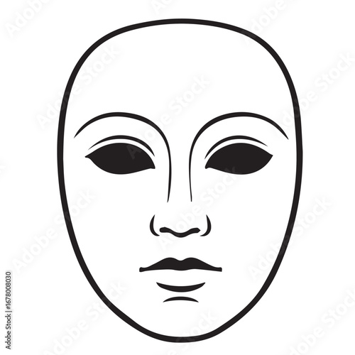 Vector drawing of mask representing Bacolod MassKara Festival, designed in elegant black and white style, bold black outline enhancing festive cultural mood.