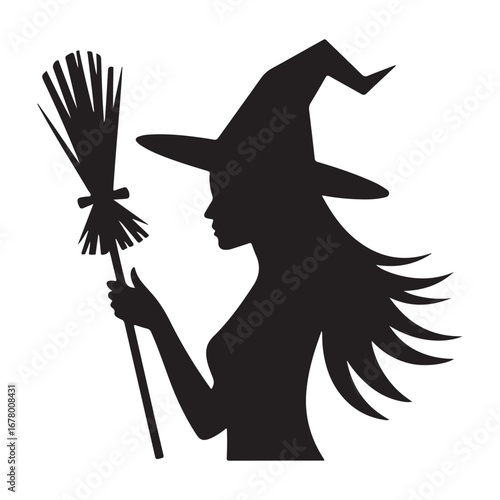Profile of a witch with flowing hair holding a broomstick in a classic silhouette style